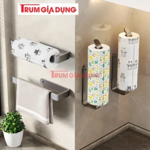 Giá treo khăn giấy, màng bọc thực phẩm Trùm Gia Dụng, chất liệu nhôm hàng không cao cấp, Lắp đặt dán tường.