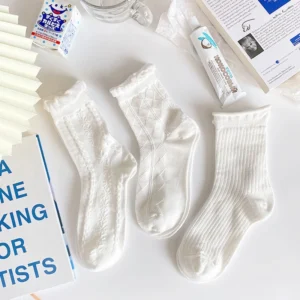 Tất vớ nữ cổ cao ROBANA trắng vải cotton co giãn thời trang Hàn Quốc